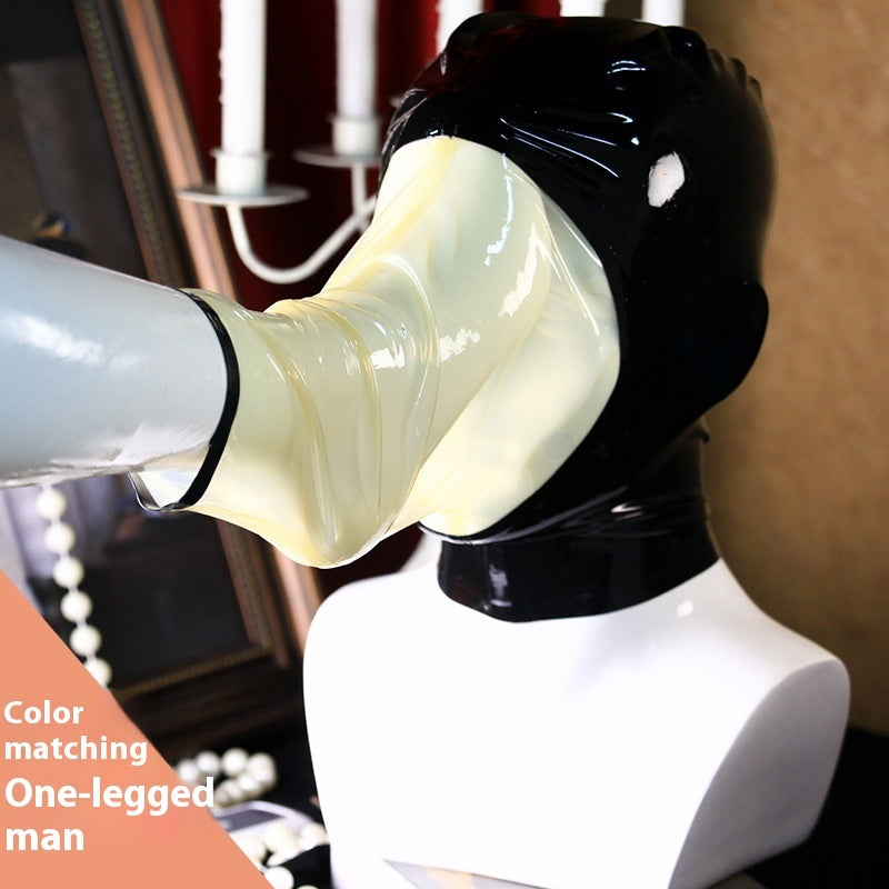 Transparent latex breath play hood with feet design