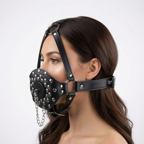 Black leather gag harness with adjustable straps