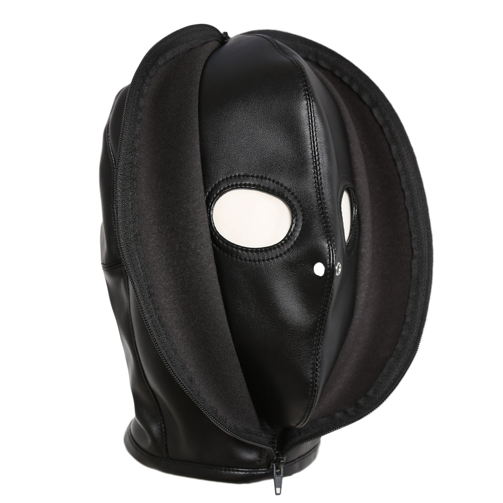 Close-up of the Zipper/Lace Leather Hood® showing eye cutouts