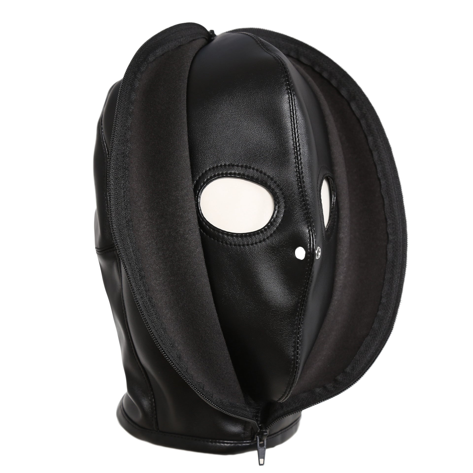 Close-up of the Zipper/Lace Leather Hood® showing eye cutouts