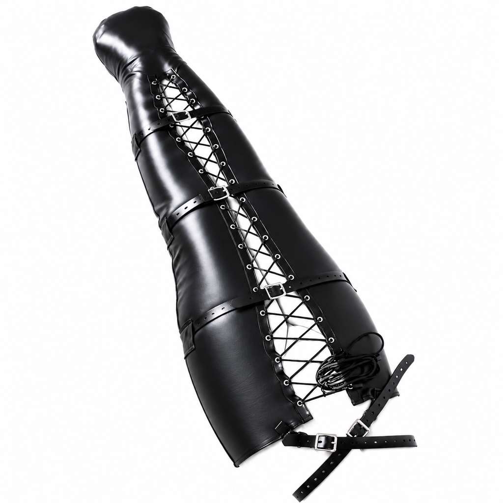 Black leather self binding restraint leggings