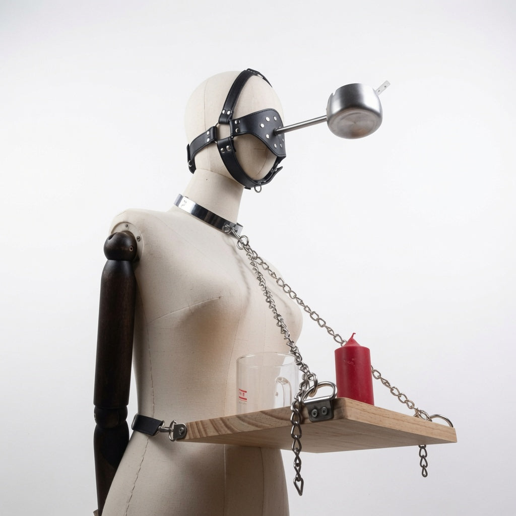 Tray Ashtray Ball Gag® accessory set with metal and leather construction