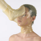 Transparent latex breath play hood with feet design
