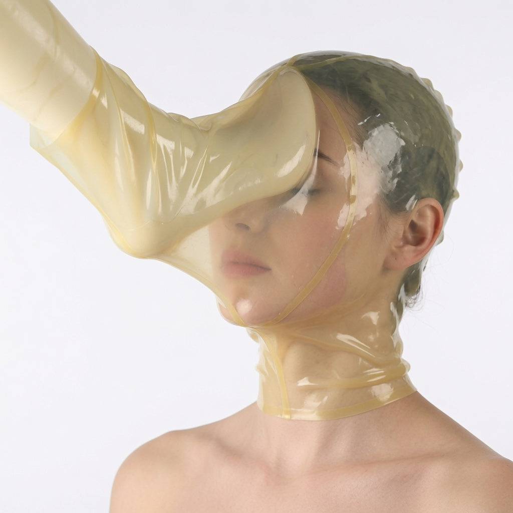 Transparent latex breath play hood with feet design
