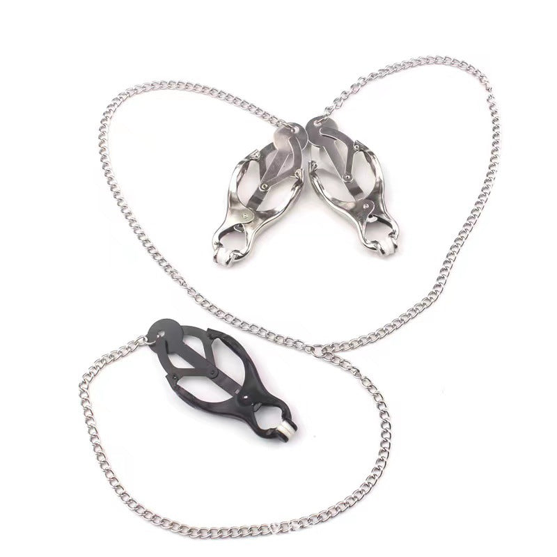 Metal Nipple Clamp Trio – BDSM Chain for Intense Play