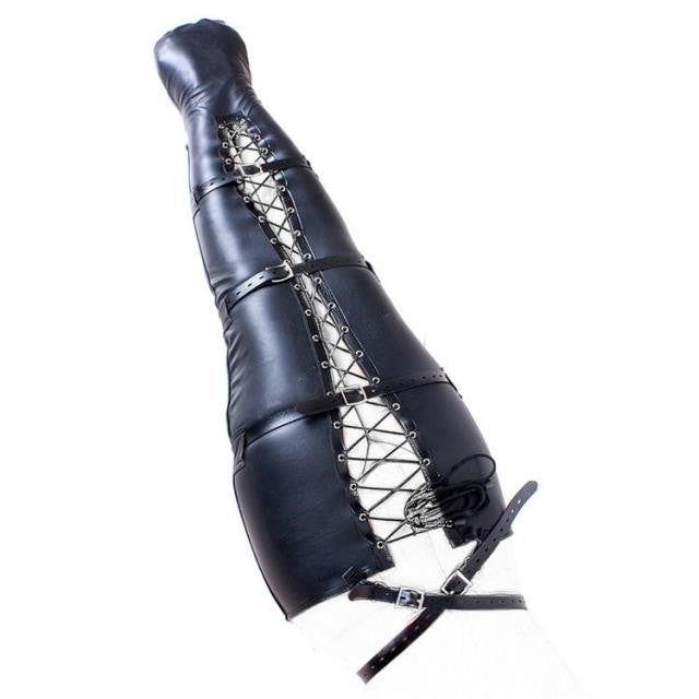 Close-up of leather restraint leggings design